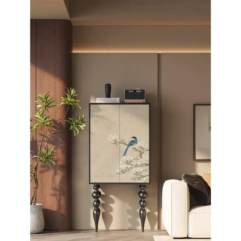 Simple flower and bird solid wood high chest cabinet household living room sofa side cabinet bedroom wall storage cabinet
