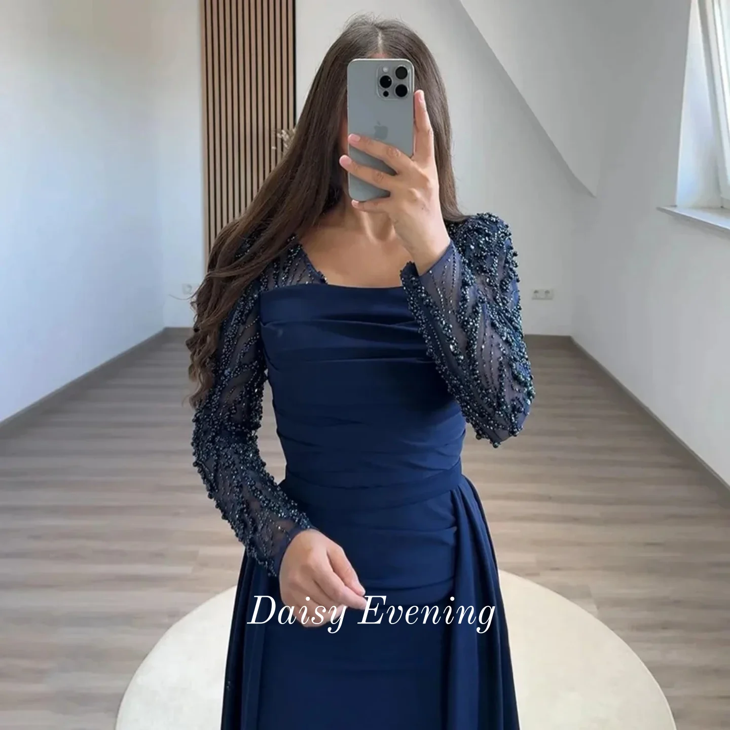 

Темно-синее вечернее платье для женщин, платья для выпускного вечера с длинными рукавами и шлейфом, расшитое бисером, прямое свадебное платье с блестками по индивидуальному заказу