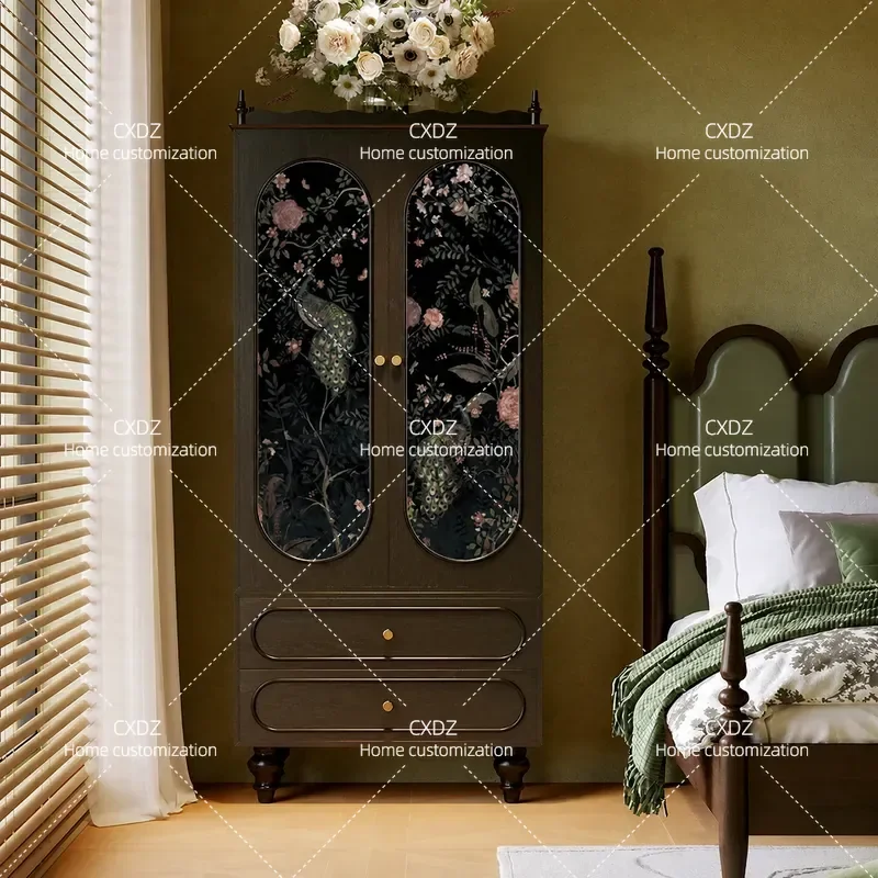 Medieval Floral Bird Pattern Solid Wood Wardrobe 6 Drawer Storage Cabinet for Living Room Entryway Household Organizer