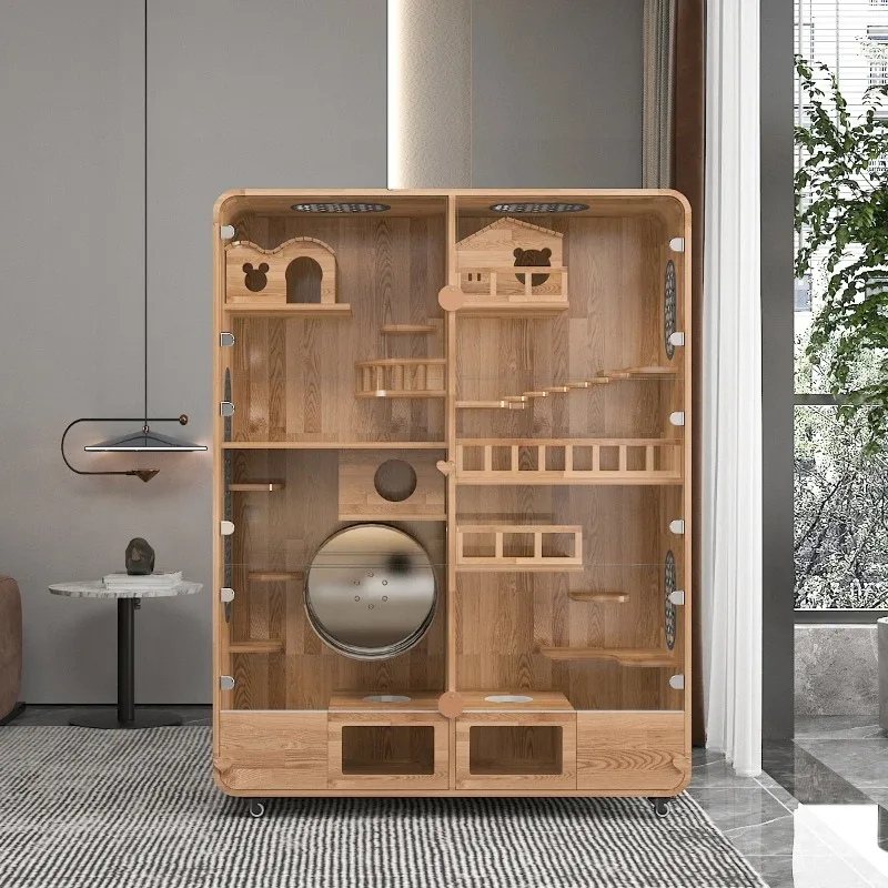 Chinchilla cabinet cage Solid wood oak pet villa cage, aluminum alloy ice nest cooling, cabinet cage