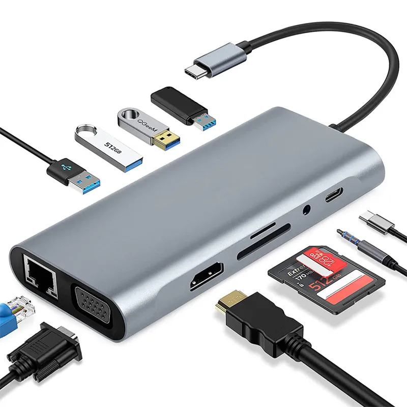 Imagem -06 - tipo Usb c Hub Tipo-c a Hdmi 4k Vga Adaptador Rj45 Lan Ethernet sd tf pd Usb-c 3.0 3.5 mm de Áudio Microfone para Macbook Pro Otg 12 em