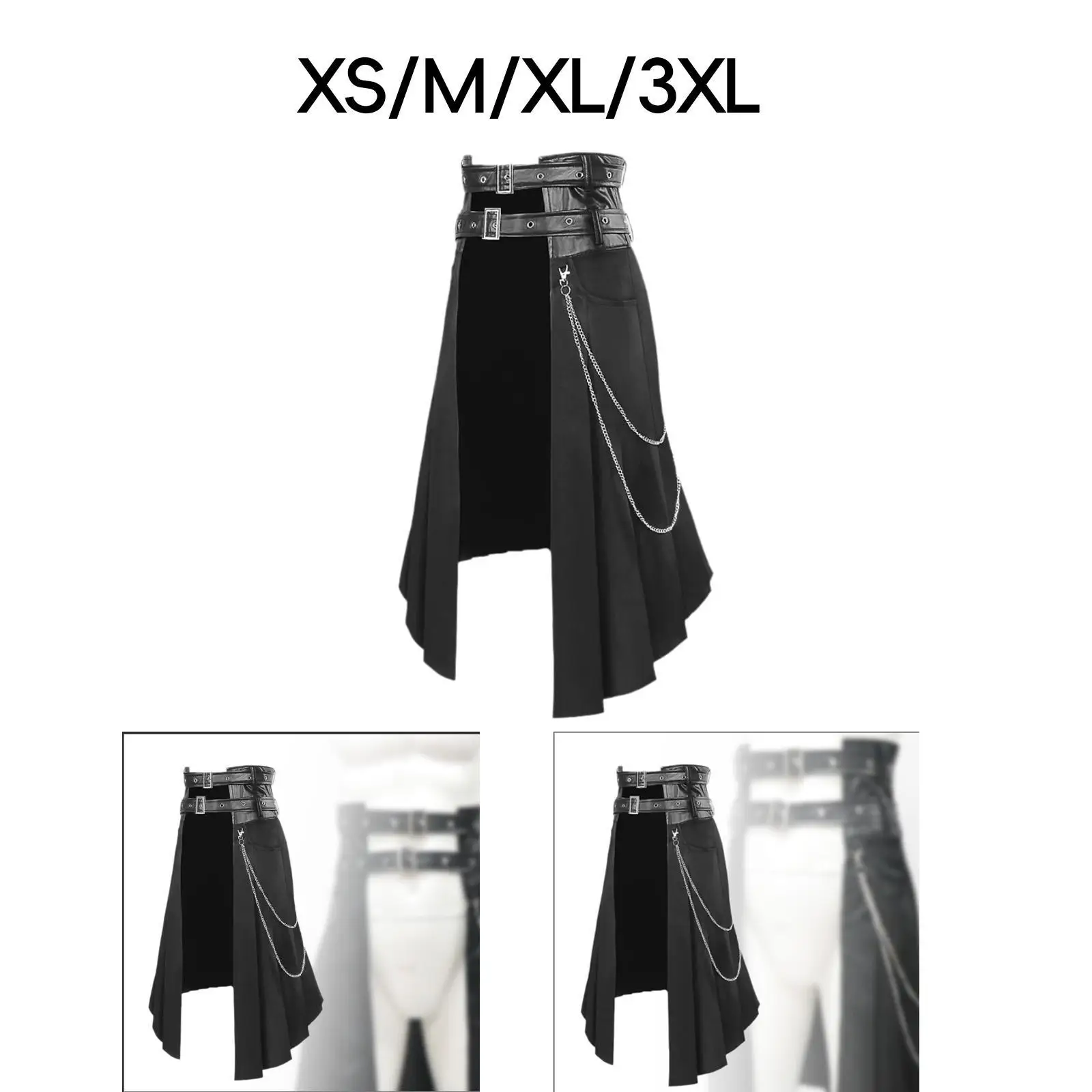 Men's Punk Skirt Pleated Skirt Cocktail Decorative Adjustable Belt Steampunk Black with Pockets Daily Skirt Metal Chains Skirt