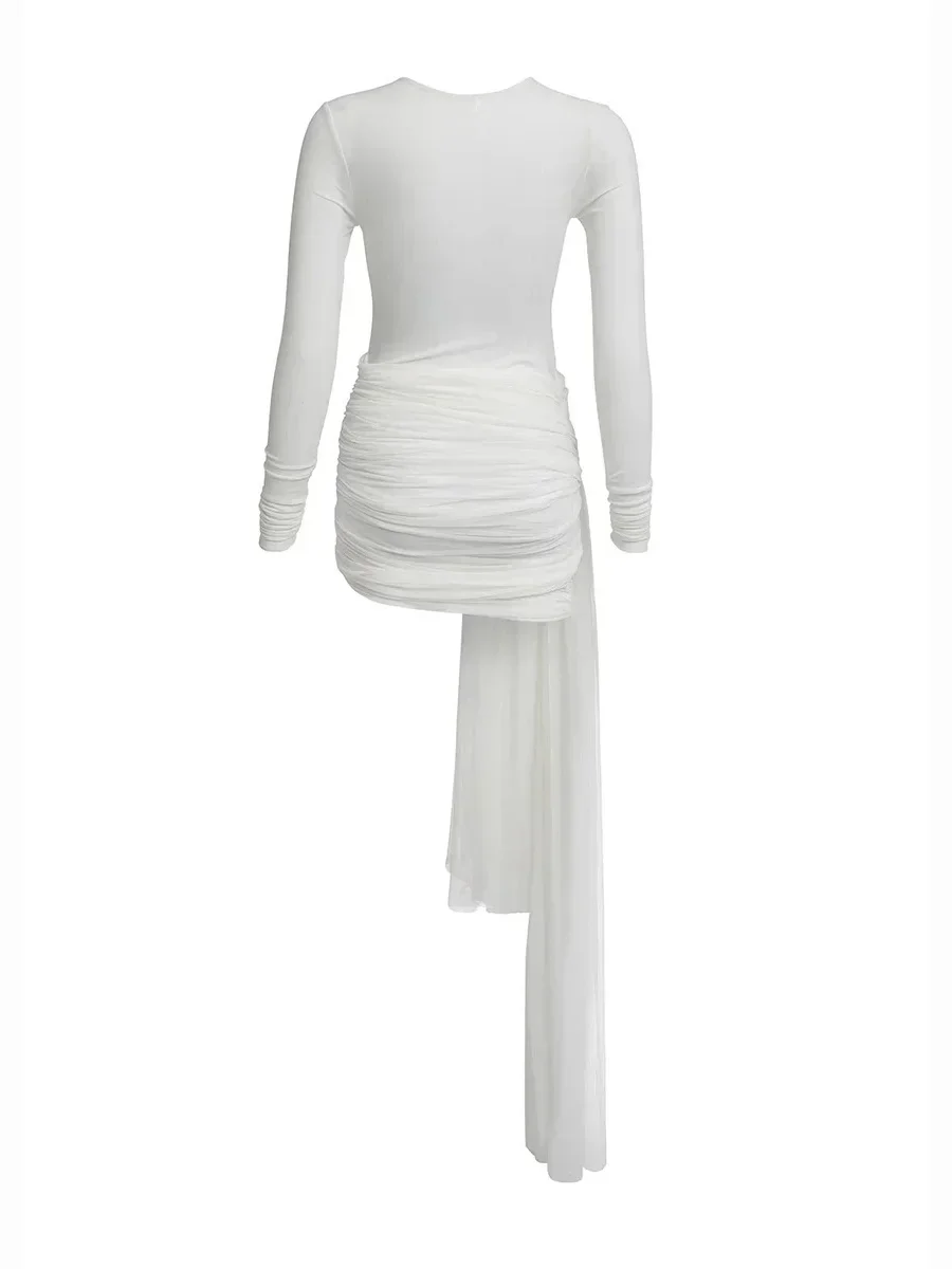 Effen Kleur Witte Mesh Rok Badpak Cover-ups voor Vrouwen Lange Mouw Doorschijnende Rimpel Strand Jurk Badmode 2024 Zomer nieuwe