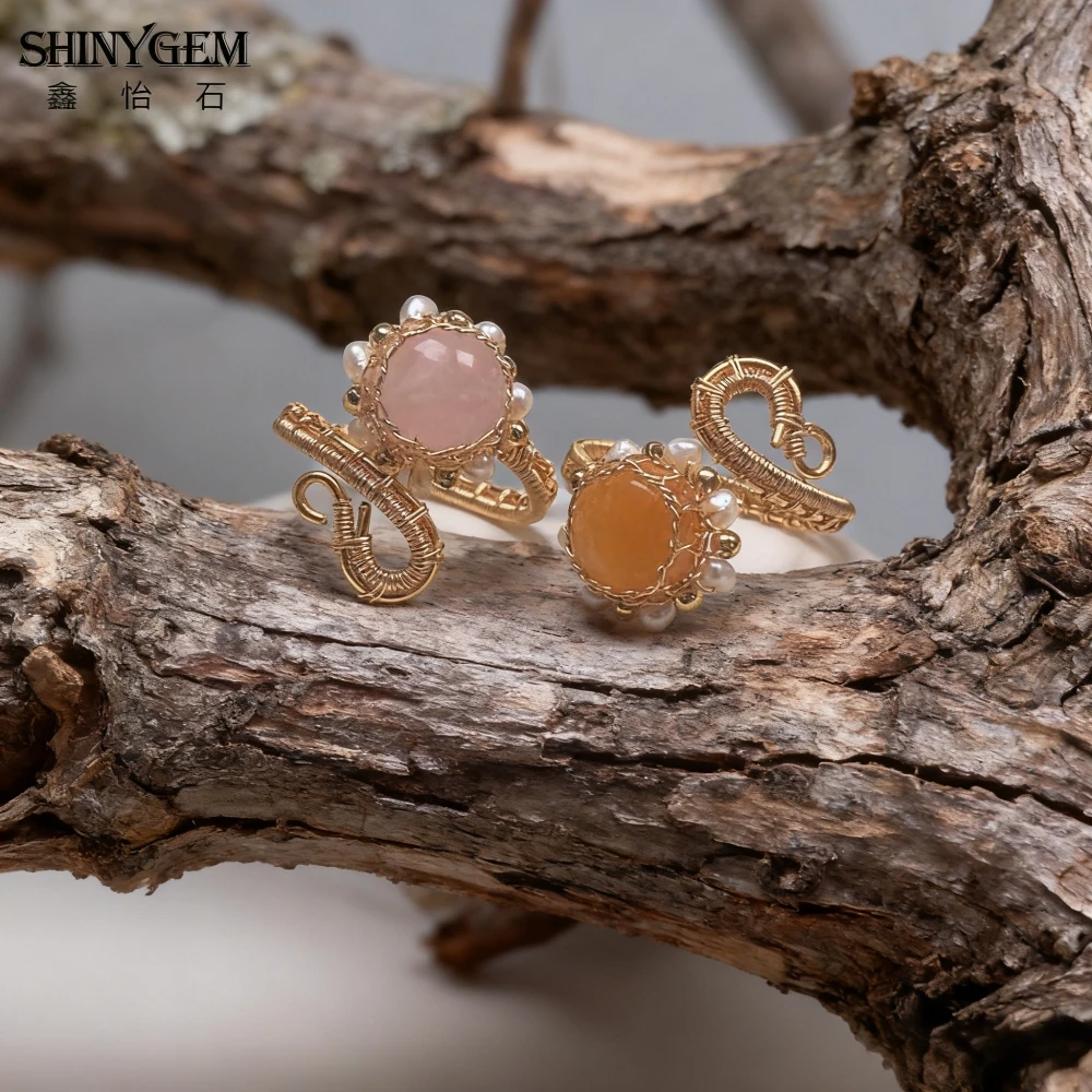 SHINYGEM Handmade Adjustable 14K Gold Plated Wire Wrapped Natural Crystal Healing - Fashionable Resizable Finger Ring