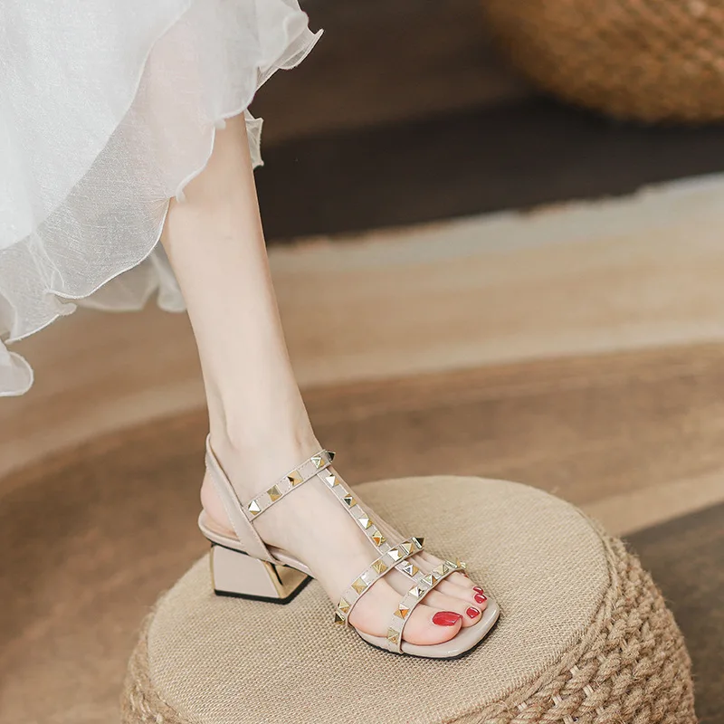 Studded Sandal women 2024 summer new influencers fashion fairy style with skirt with Roman heels