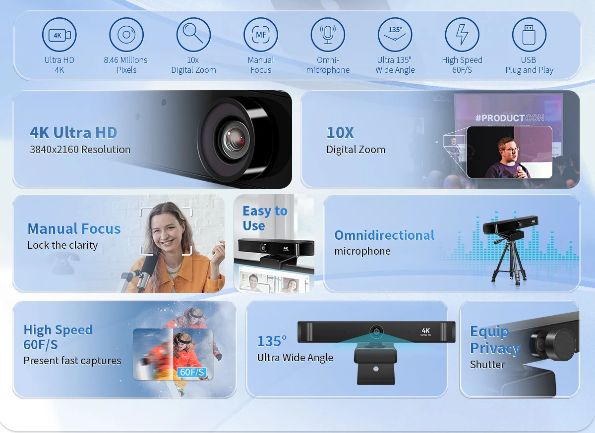 4K Ultra HD Webcam 10x Digitalzoom 135 °   Weitwinkel-USB-PC-Computer-Webcam mit Sichtschutzabdeckung für Online-Meeting oder Bildung