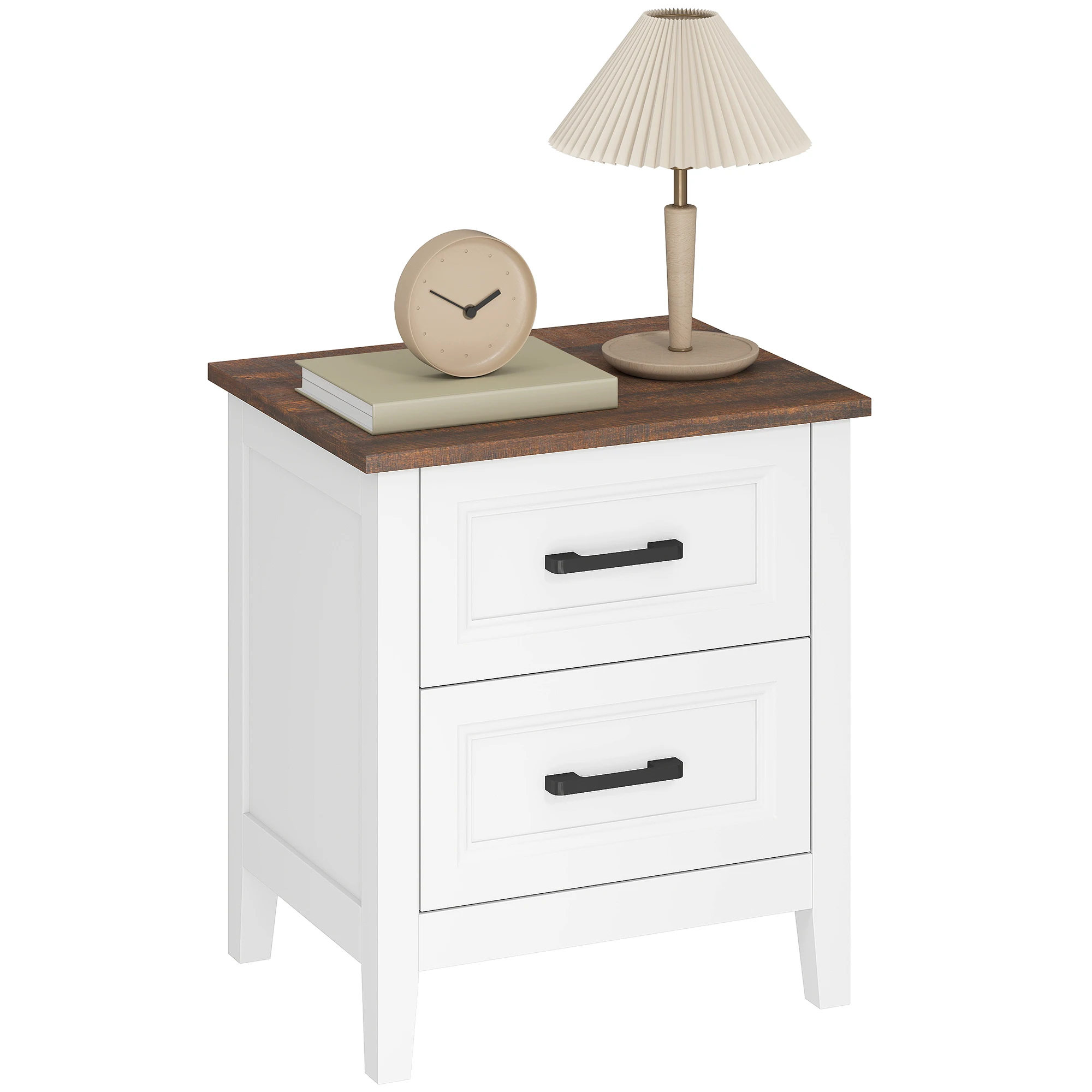 HOMCOM Mesita de Noche, Mesilla de Noche con 2 Cajones, Estilo Rústico, Mesita para Salón, Dormitorio, 45x30x50 cm, Blanco