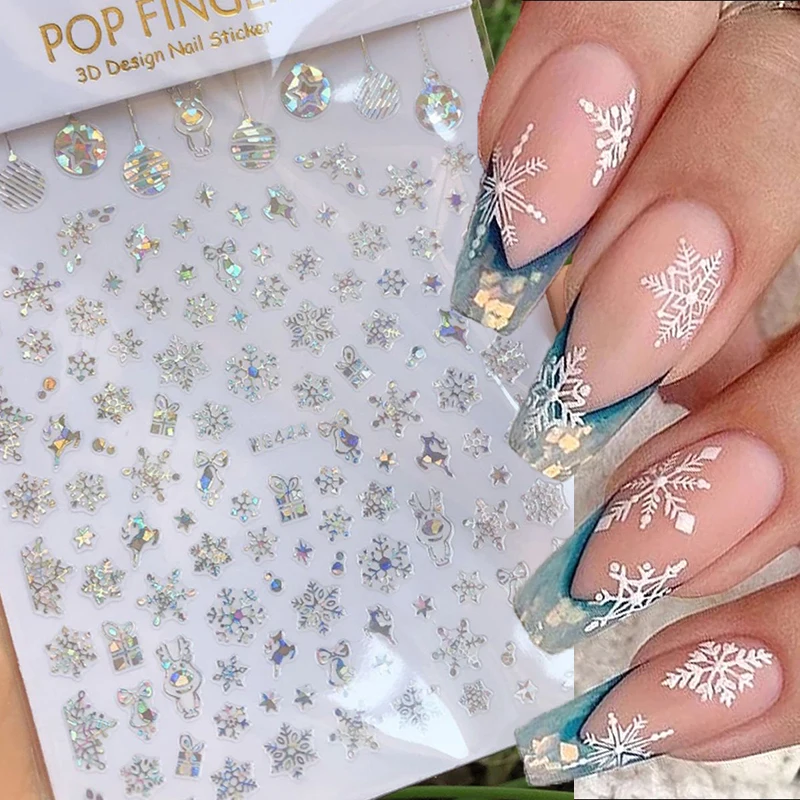 

3d Winter Xmas Lasersilver Snowflakes Balls Deers Bells Nail Art Decals Stickers For Nails Art Manicures Tips Decorations