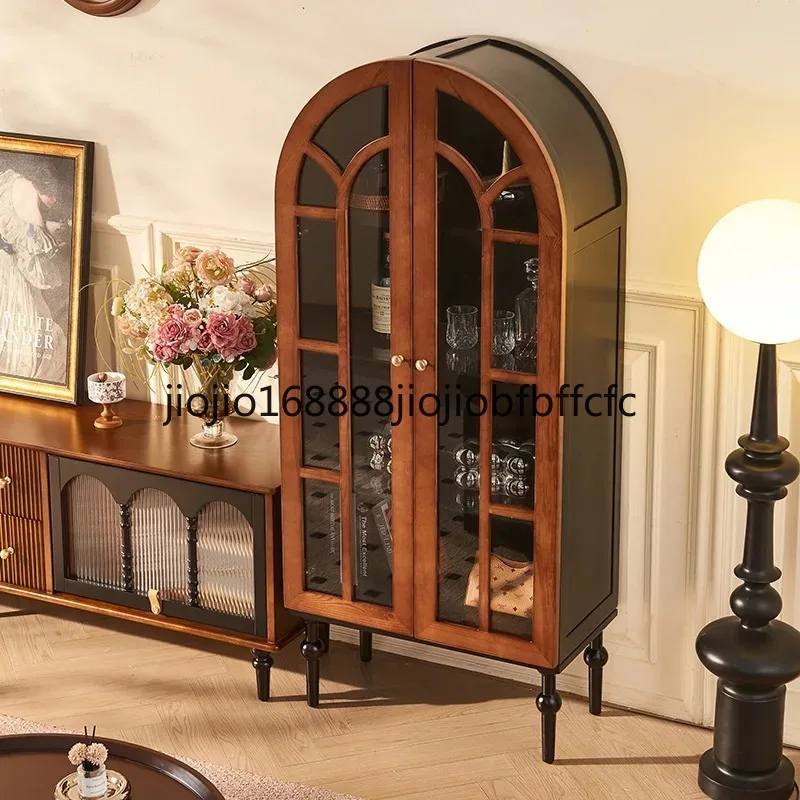 Suitable for French retro solid wood wine cabinet household living room arched integrated display cabinet