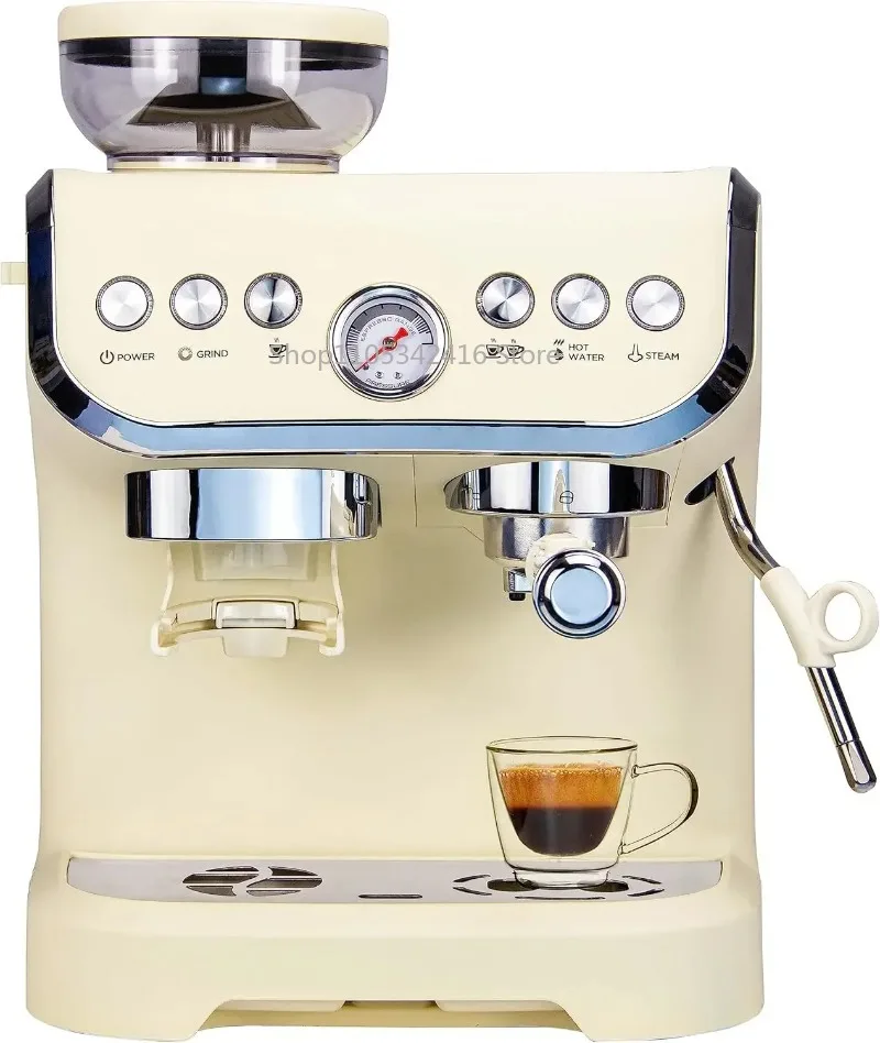 15 Bar Espresso Coffee Maker with Built-In Bean Grinder Milk Frother Steam Wand Cappuccino Latte Combo Machine