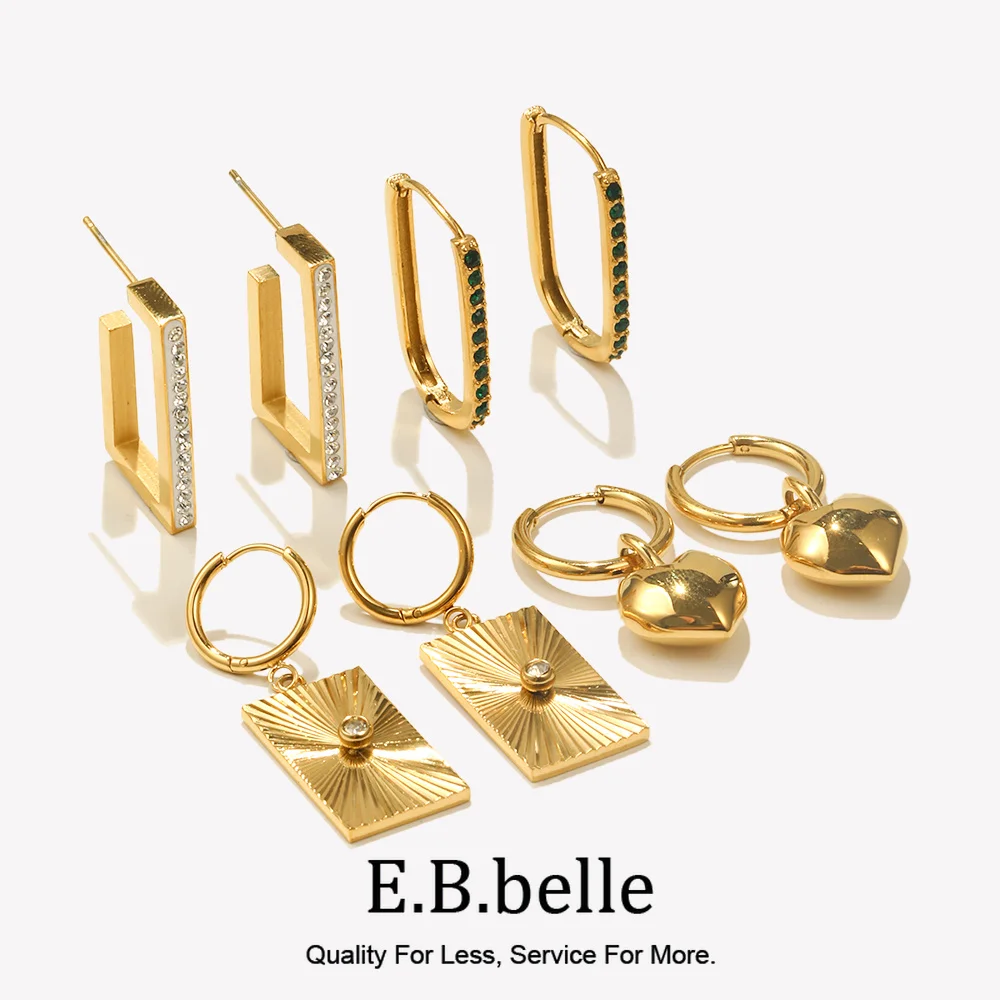 E.B.belle U-Shape Green Rhinetone Heart Rectangle Hoop Earrings For Women Stainless Steel 18K Gold Plated Jewelry