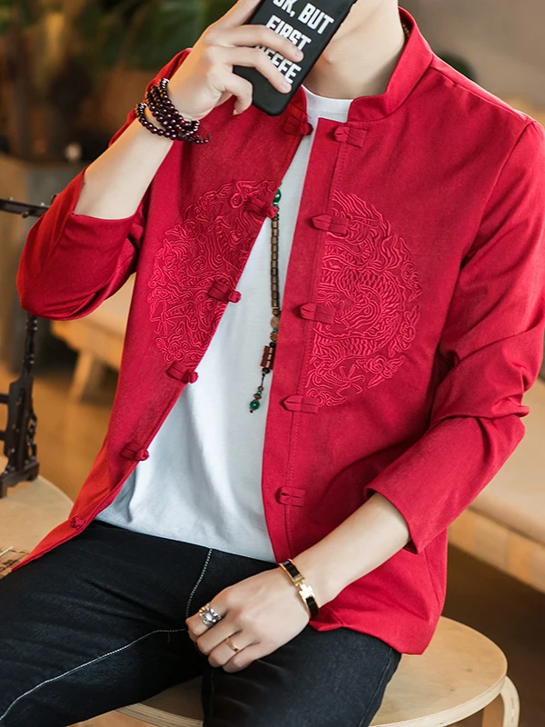 

Youthful Sle Embroidered Stand Collar Slim Fit Men's Jaet Traditional Chinese Faion Spring Outerwear Breathable Polyester