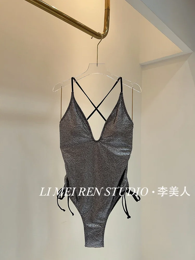New sexy high fork deep V-neck tank top silver black sequined one-piece swimsuit