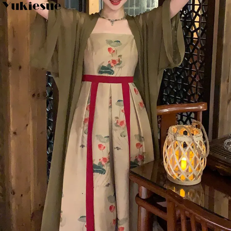 Imagem -03 - Retro Estilo Chinês Flor Bordado Hanfu Manga Longa Lace up Hanfu Long Strap Vestido Verão Fada Cosplay Traje de Desempenho