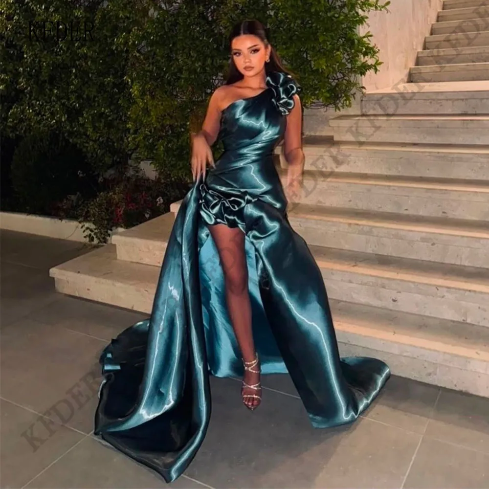 Dark Green A Line Long Prom Dresses One Shoulder Sleeveless Pleat Side Slit Saudi Arabic Evening Gowns Elegant Formal Dress