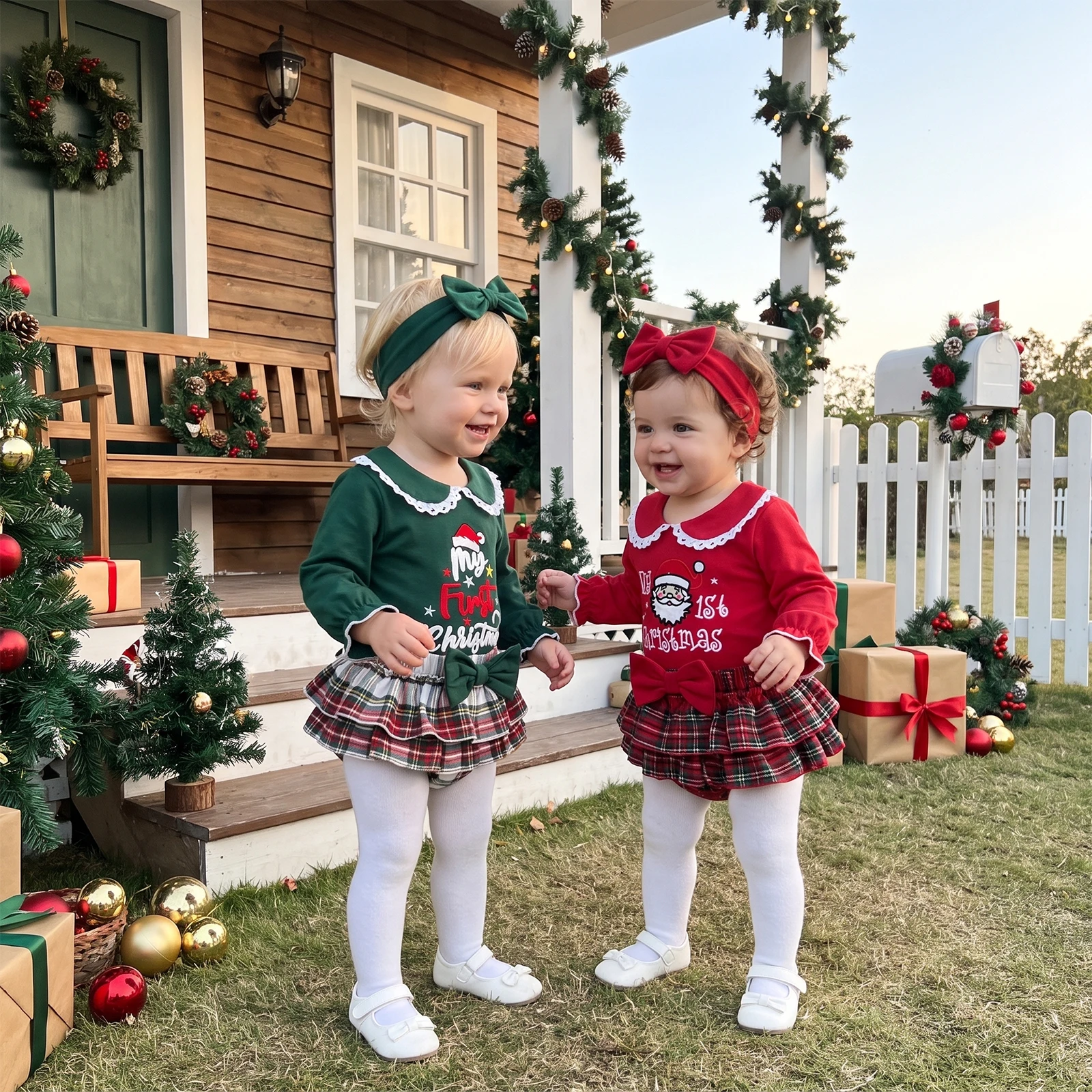 Tregren 0-18Months Infant Baby Girl Christmas Outfit Embroidery Romper + Ruffle Shorts + Headband + Stockings