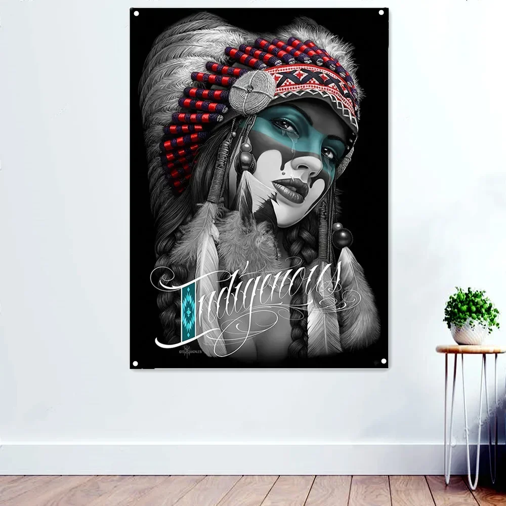 Indian girls Death Art Banner Wall Painting Chicano Tattoo Art Poster Hanging Flag Wall Sticker Barber Shop Decor Tapestry