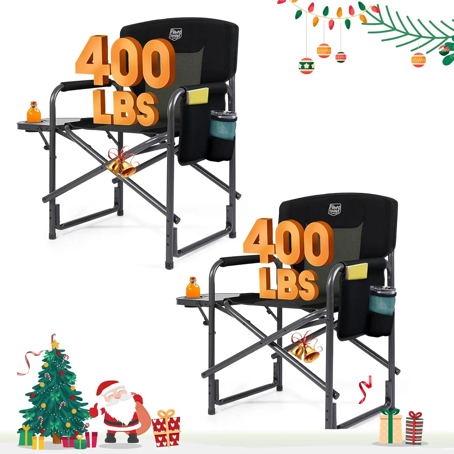 RIDGE Lightweight Oversized Camping Chair, Portable Aluminum Directors Chair with Side Table Detachable Side Pocket for Outdoor