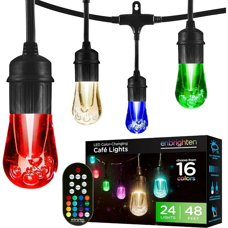 

Enbrighten Premium Color Changing String Lights, 48ft Black Cord, 24 Shatterproof Acrylic Bulbs, Weatherproof, Remote Control,