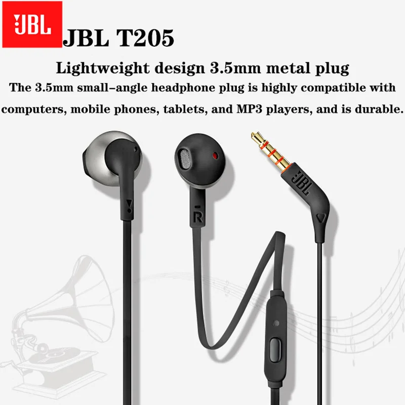JBL T205 Semi-in-ear Wired Headphones Bass Headphones Keying