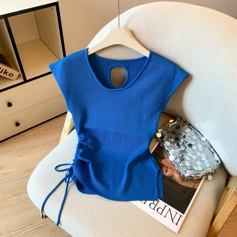 Klein Blue Drawstring Sleeveless T-shirt Women's Summer 2025 New Simple Beauty Back Hollow Out Ice Silk Knitted Top