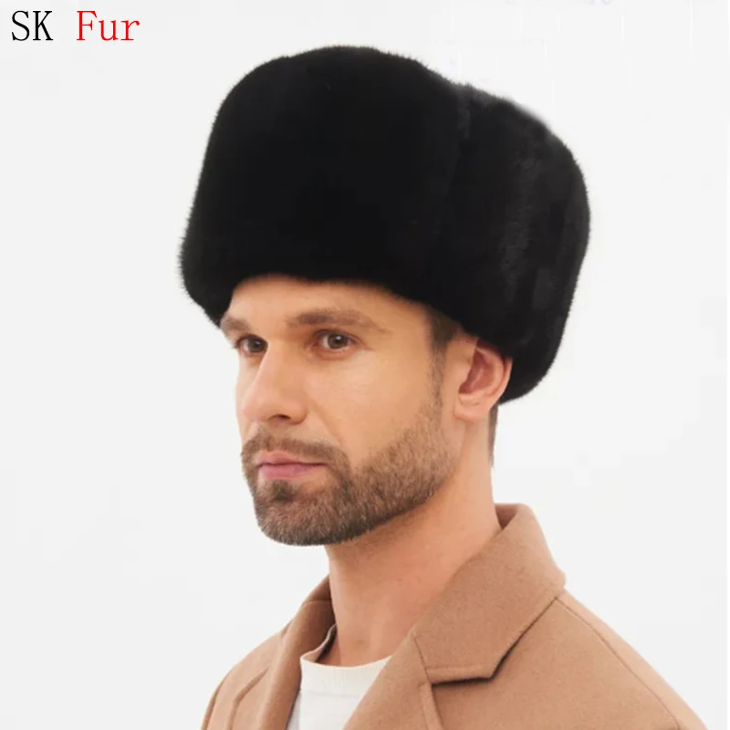 

New Sale Luxury Winter Man Top Real Mink Fur Bomber Hat Male Genuine Marten Head Warm Black/Brown Caps Best Gift For Dad Gorras