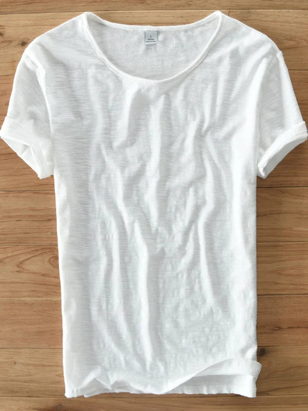 Summer Thin Bamboo Rayon Short Sleeve T-Shirt Men's Casual Japanese Style Worn-In Distressed Hem round Neck Slim Fit  Co...