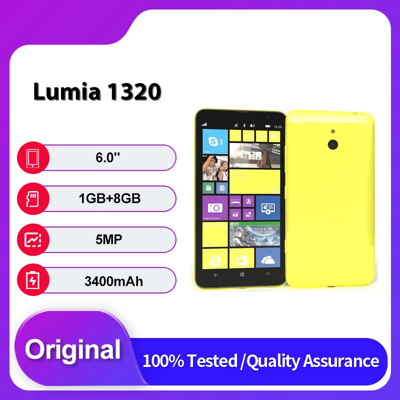 هاتف Lumia 1320 أصلي غير مقفول بشريحتين GSM 900/1800 مزود بتقنية البلوتوث WLAN مقاس 6.0 بوصة وذاكرة وصول عشوائي 8 جيجابايت وذاكرة وصول عشوائي واحد صنع في فنلندا