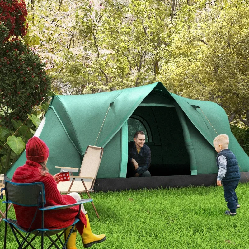 Tente familiale 5-6 personnes, 4,55x2,3x1,8m, vert/noir, avec crochets pour lampe, poches latérales, piquets, sac de transport. Camping.
