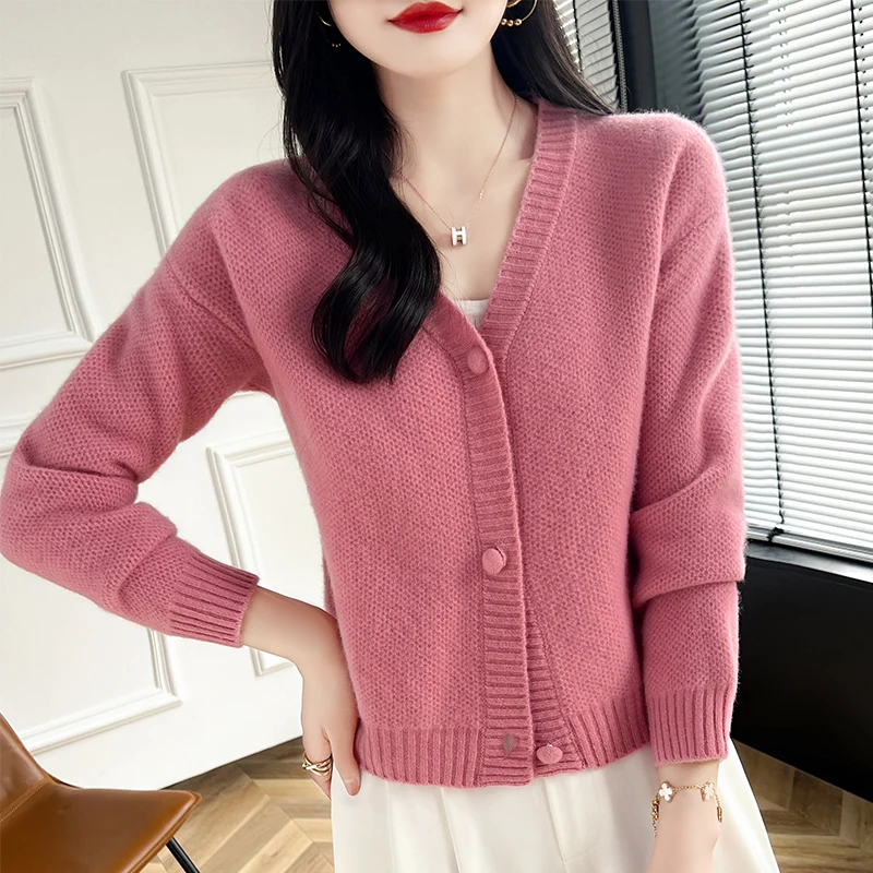 Free Shipping 100% Wool Knitted V-neck Winter Cardigans Cashmere Sweaters Women  Soft High Quality Ladies Jumpers Clothes 2024