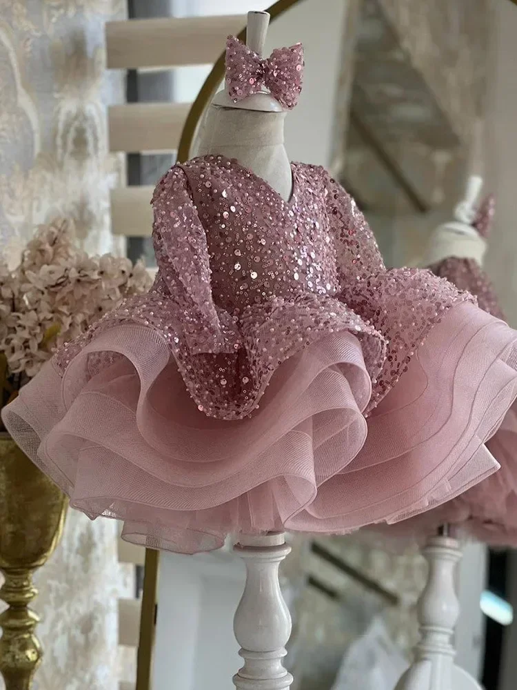 

Luxurious Light Pink Baby Girls Dresses Tulle Tiered Infant Girls Birthday Party Gown Christmas New Year Dress Gift 1-11Years