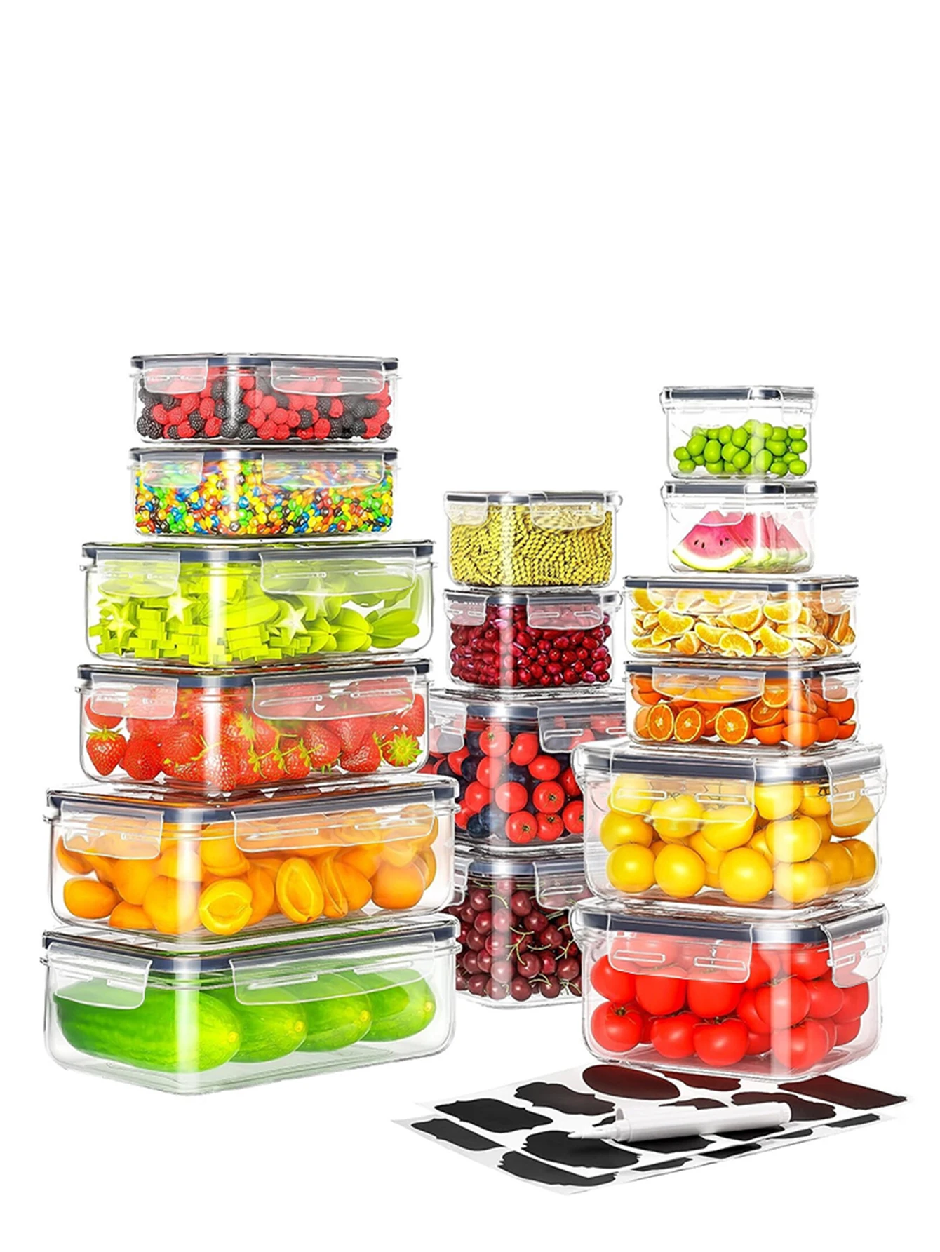 12pcs/Sealed food storage container with easy buckle lid, suitable for kitchen organizing fruits vegetables with labels and pens