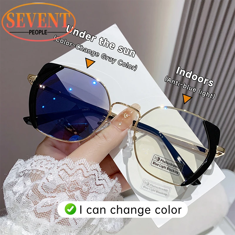 Vintage Square แว่นตากันแดด Cateye Photochromic กรอบแว่นตาผู้หญิง Anti Blue Light แว่นตาเปลี่ยนสีแว่นตา