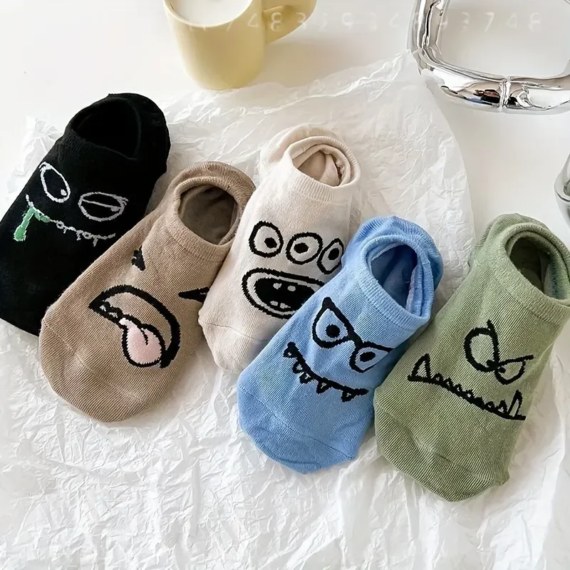 5 Pairs Women Funny Face Ankle Socks Playful Cartoon Expressions Assorted Colors Breathable Machine Washable Novelty Casual Socks For Daily Wear Gift For Ladies