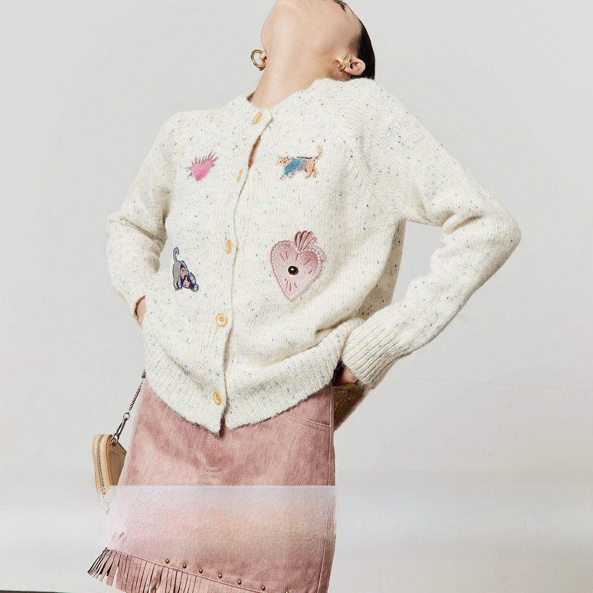 

Milk White Printed Blue Dot Loose Knitted Sweater Women's Spring New Sle Sweet Sle Long Sve round Ne Cardigan