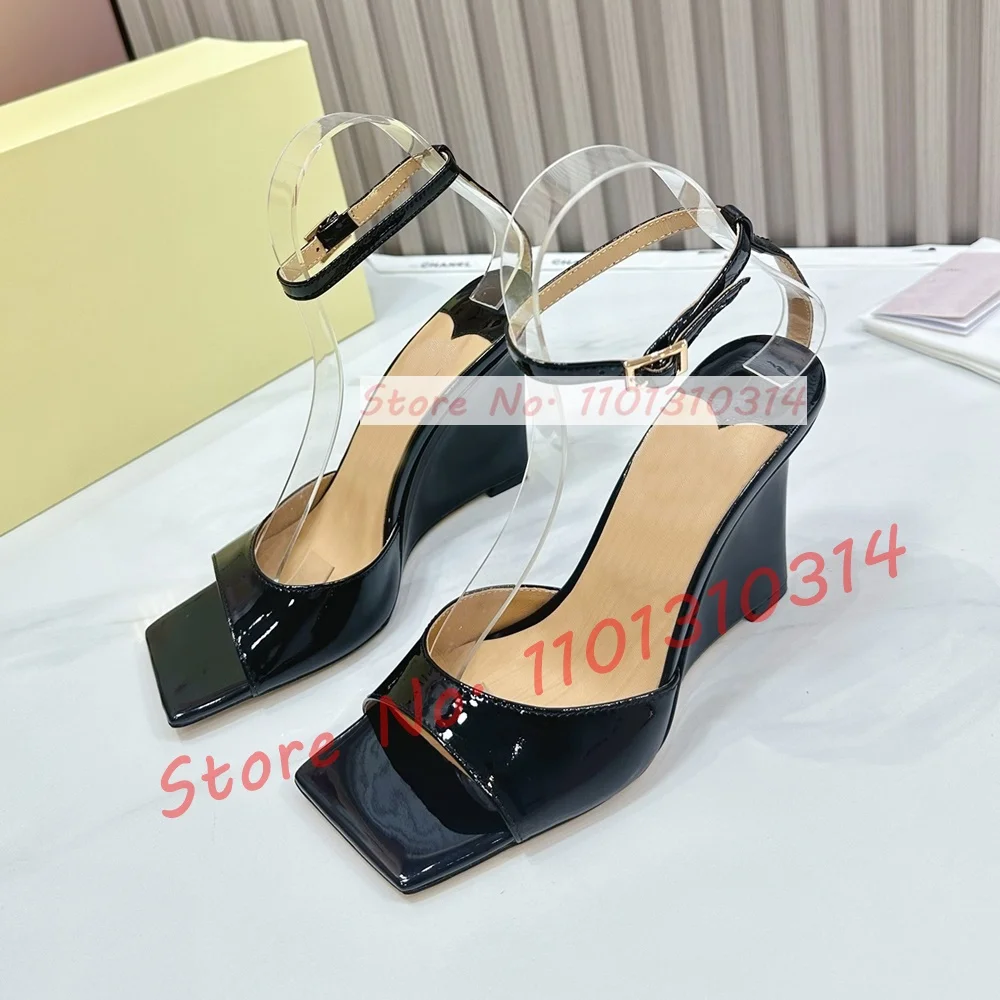 Square Toe Wedge Sandals Women Elegant Open Toe Gold Patent Leather Summer New Shoes Ladies Luxury Ankle Strap Fashion Sandals