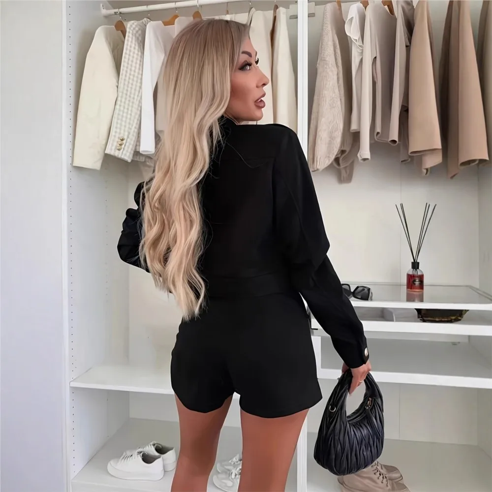 أزياء قصيرة جدا دعوى طويلة الأكمام السراويل النساء 2 قطعة مجموعة الخريف مزدوجة الصدر سترة + نصف طول كولوتيس قطعتين مجموعة