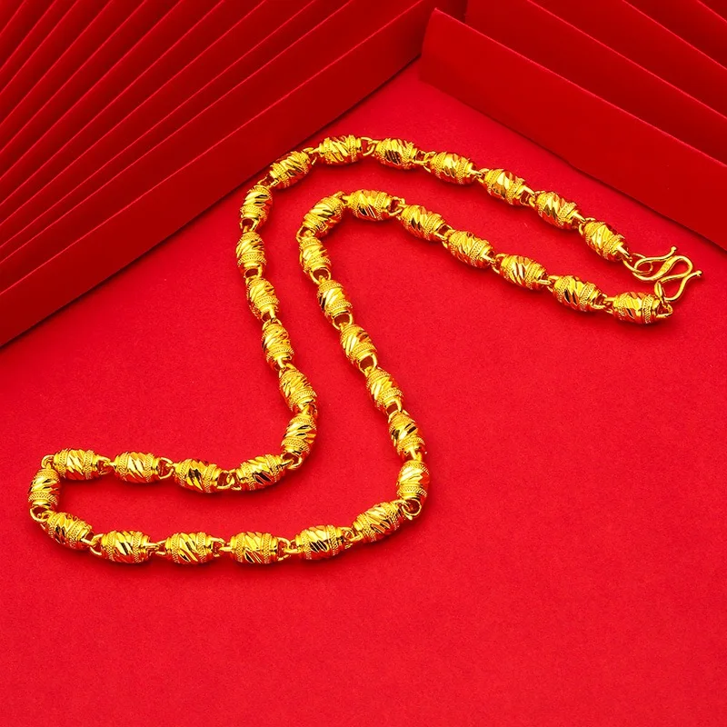 Pryna Jewelry   9999 24K real gold hollow men's necklace round buckle men's boutique chain open cylindrical gold necklace light