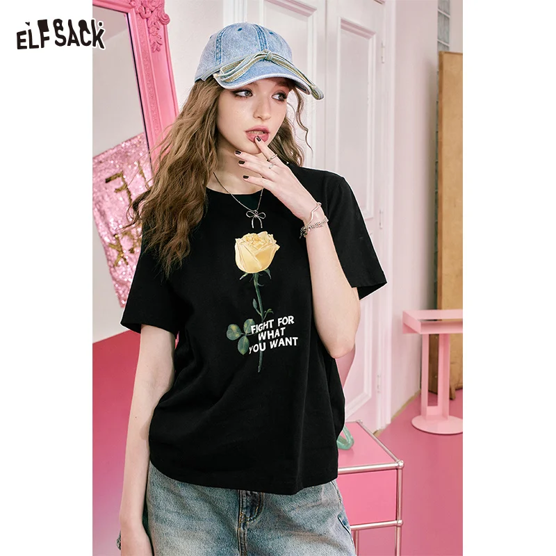 ELFSACK Black Loose Short sleeved T-shirt Women\'s 2024 Summer New Versatile Top