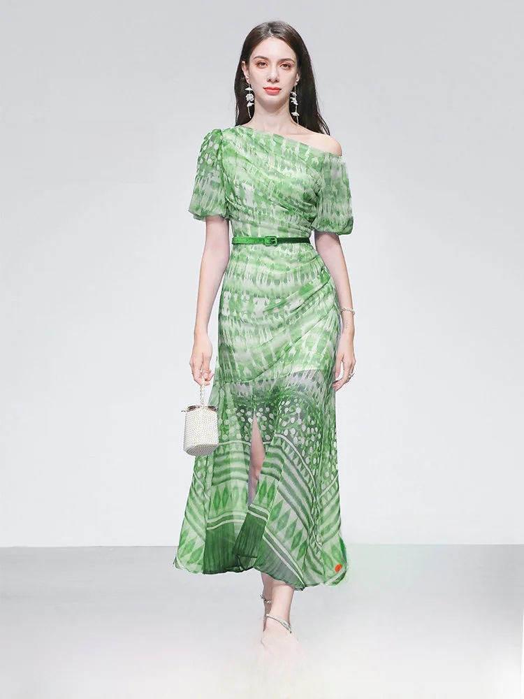 

Летнее элегантное женское платье 2026 года с одним открытым плечом, рукавами-фонариками, приталенное, с принтом, из полиэстера, с коротким рукавом, X-Sha...