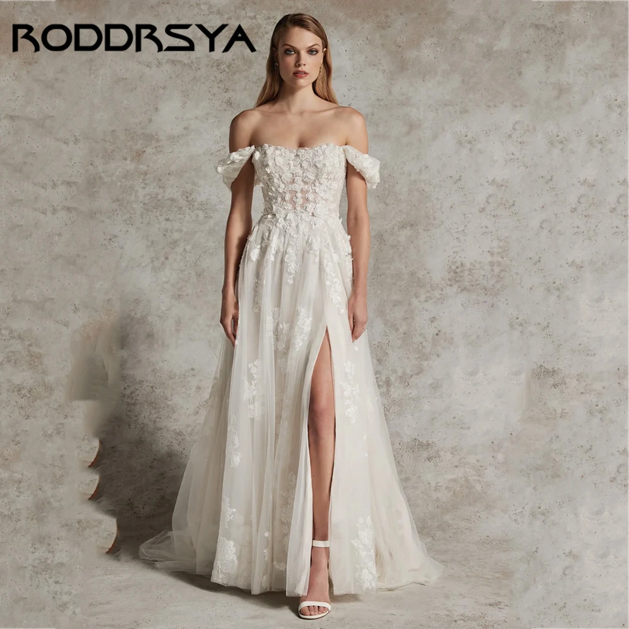 

A-Line Wedding Dresses Tulle Boho Lace Appliques Bride Dress Off The Shoulder Luxury Bridal Gowns Vestidos De Novia Customized