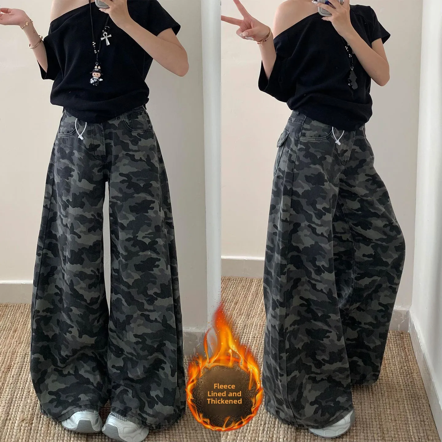 

Широкие джинсы-карго в американском камуфляжном стиле больших размеров с высокой талией, свободного прямого кроя, на флисовой подкладке, для мужчин и женщин