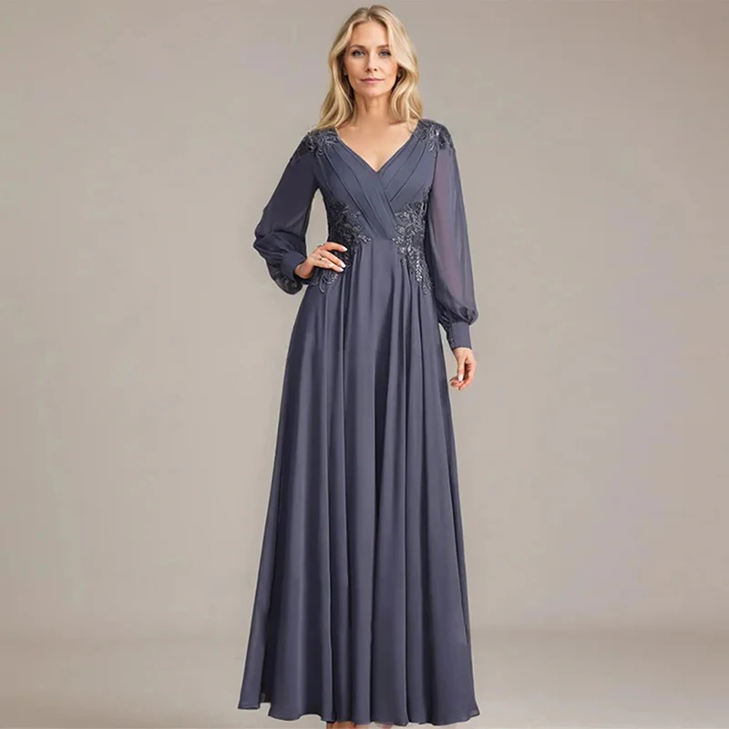

Elegant V-Neck Evening Dress with Lace Appliques Mother of Bride Dresses Long Sleeve Chiffon Formal Gown for Wedding Party Dress