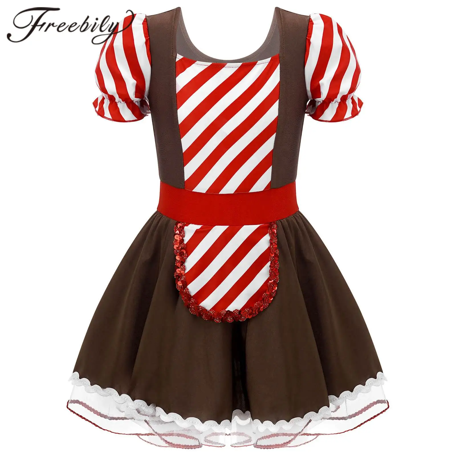 Kids Girls Striped Patchwork Christmas Dress Xmas Dance Costumes Cookie Dress Up Childs New Year Performance Clohtes Dancewear