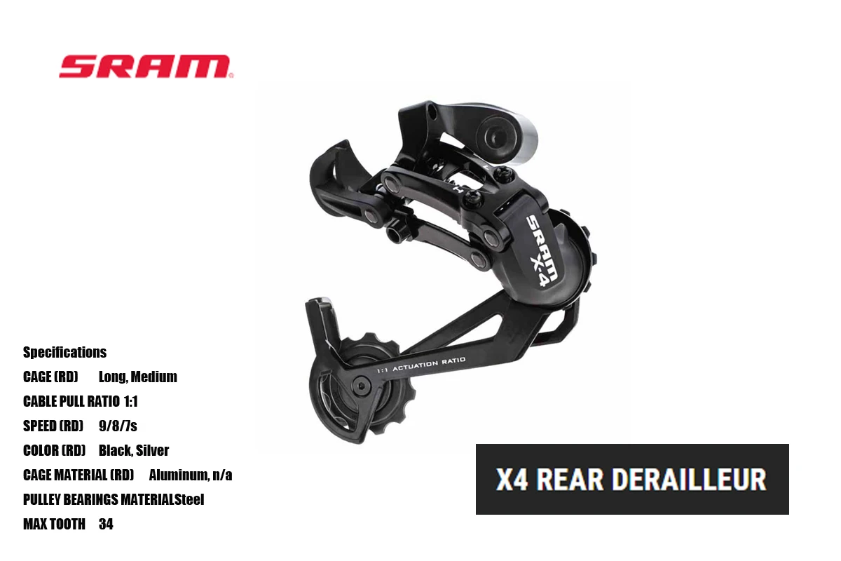 SRAM X4 REAR DERAILLEUR 3X8/9SPEED REAR DERAILLEUR BLACK Long OR Medium CAGE