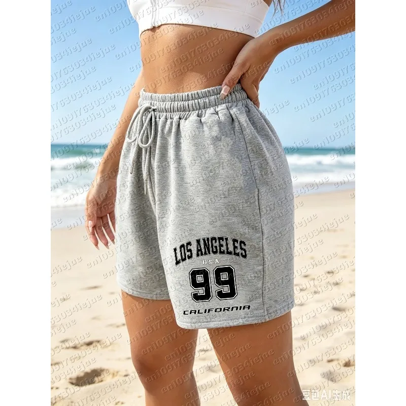 Women's Kid Los Angeles 99 California Print Casual Jogger Shorts - Heather Grey Elastic Waist with Adjustable Drawstring