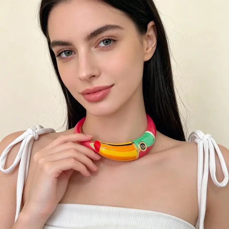 Waterproof Toucan Chunky Choker Necklace Vibrant Enamel Gold Accent Durable Jewelry for Swimming Pool Party Wear