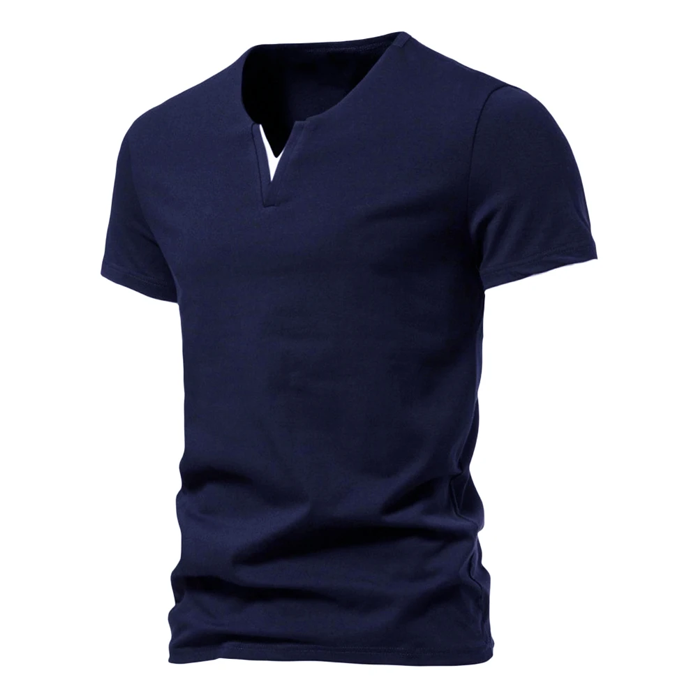 Herren Kurzarm Henley-Shirt Lässiges Sommer V-Ausschnitt T-Shirt Casual Slim Fit Einfarbig Locker Sitzend Fitness Sport Atmungsaktives Oberteil – Detail 8