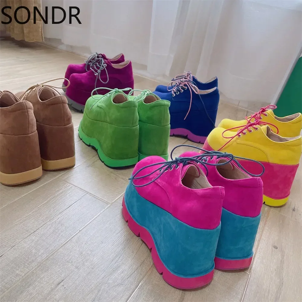 Womens Platform Rainbow Colors High Heel Sneakers Lace Up Muffin Sport Shoes Round Toe British Styles Candy Colors