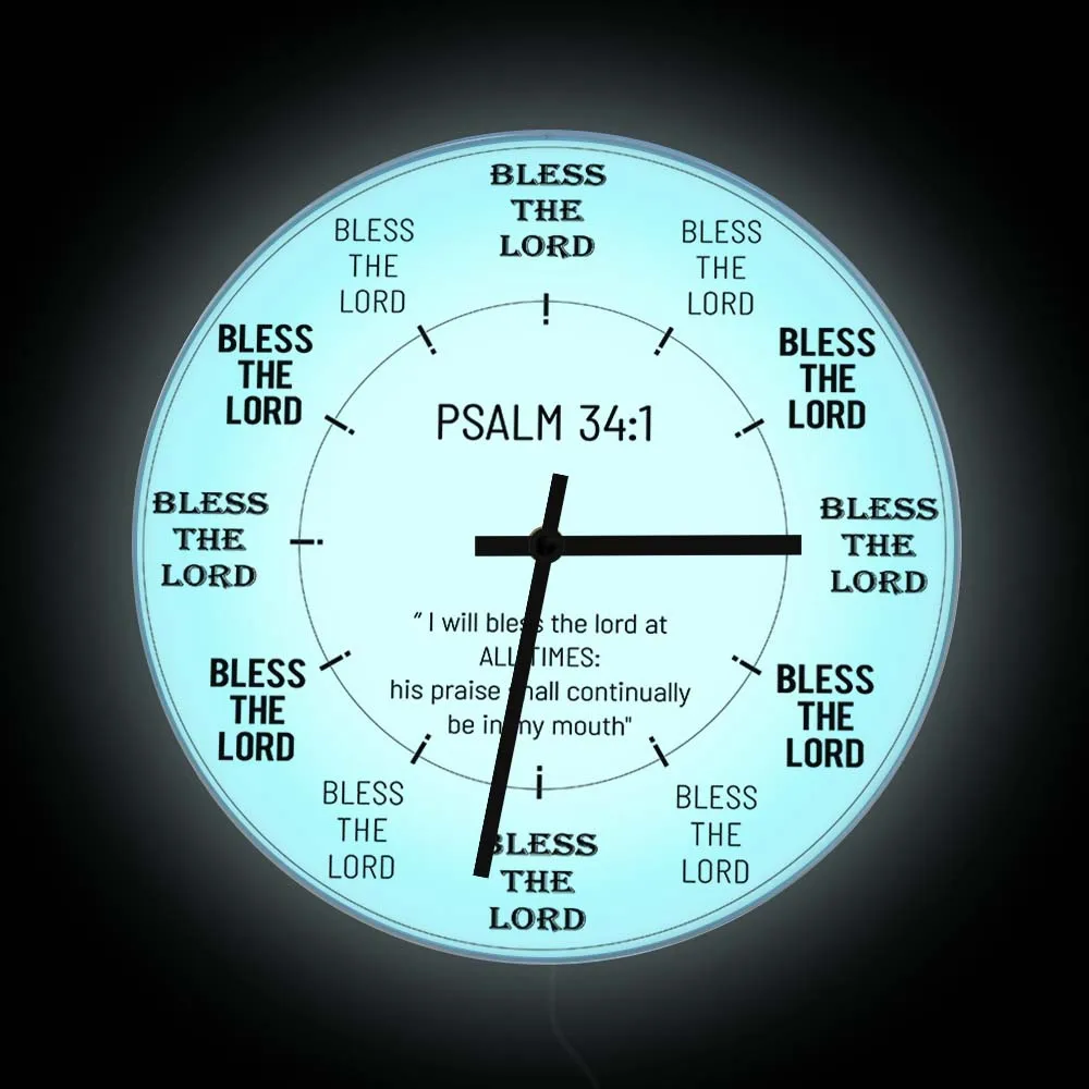 Bless The Lord Wall Clock with LED Backlight For Bedroom Bible Verse Psalm 34:1 Lighting Clock Bedside Wall Lamp Christian Gift